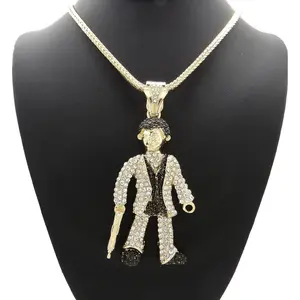 Men's Large Gangster Gunman Charm CZ Pendant & 4mm 20" 24" 30" 36" Franco Chain Necklace Hip Hop Jewelry Halloween Fashion Jewelry