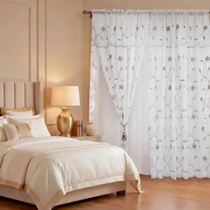 2 Pcs 52x84 inch Vine Floral Embroidery Doli Curtains, Double Layer with Waterfall Valance & Rod Pocket, QF29 Summer Home Textile Accessory for Living Rooms, Bedrooms holiday decoration luxury decor european style