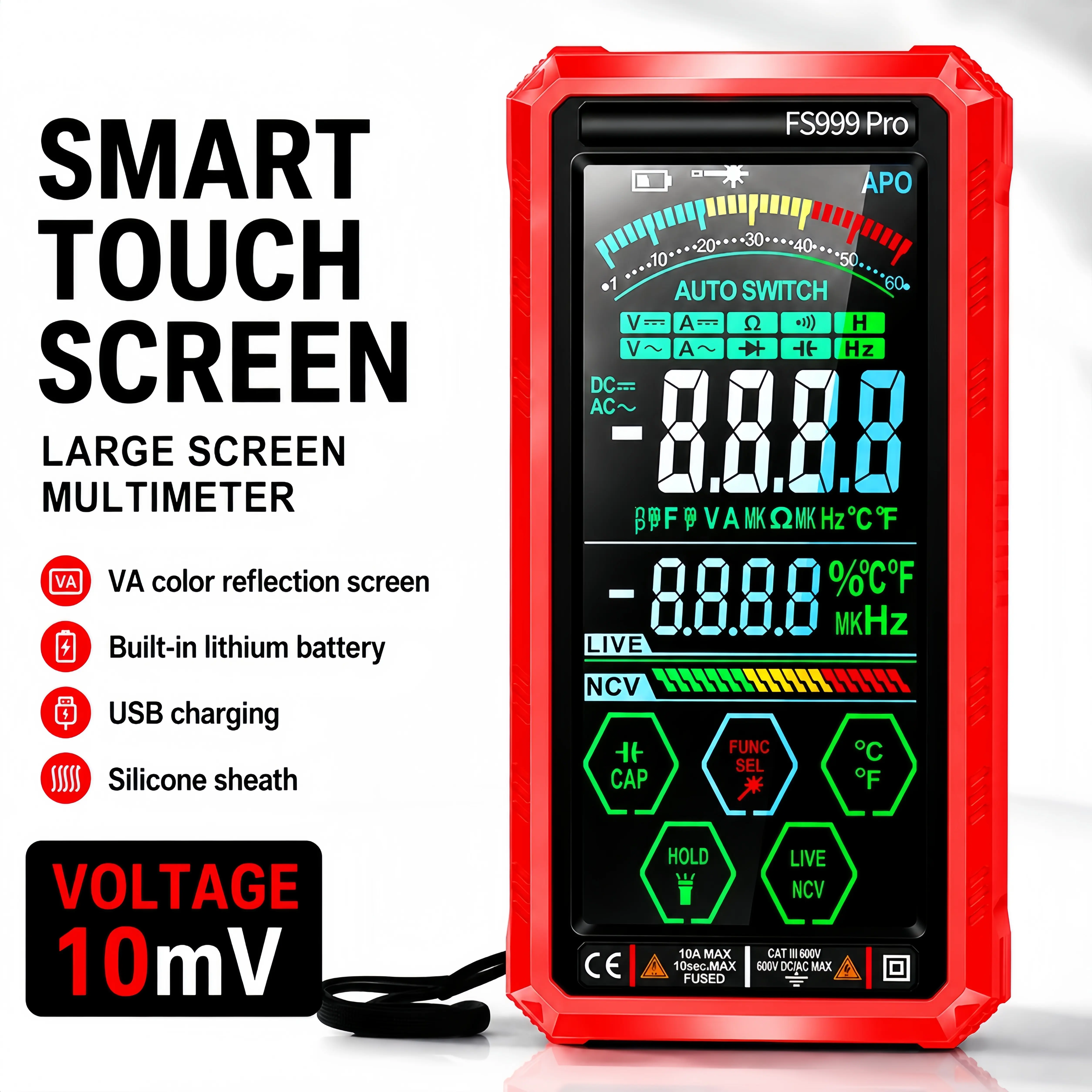 ADESKE Digital Multimeter for Electricians & DIYers – Smart Touchscreen Tester with Laser Guide, Flashlight & Protective Case