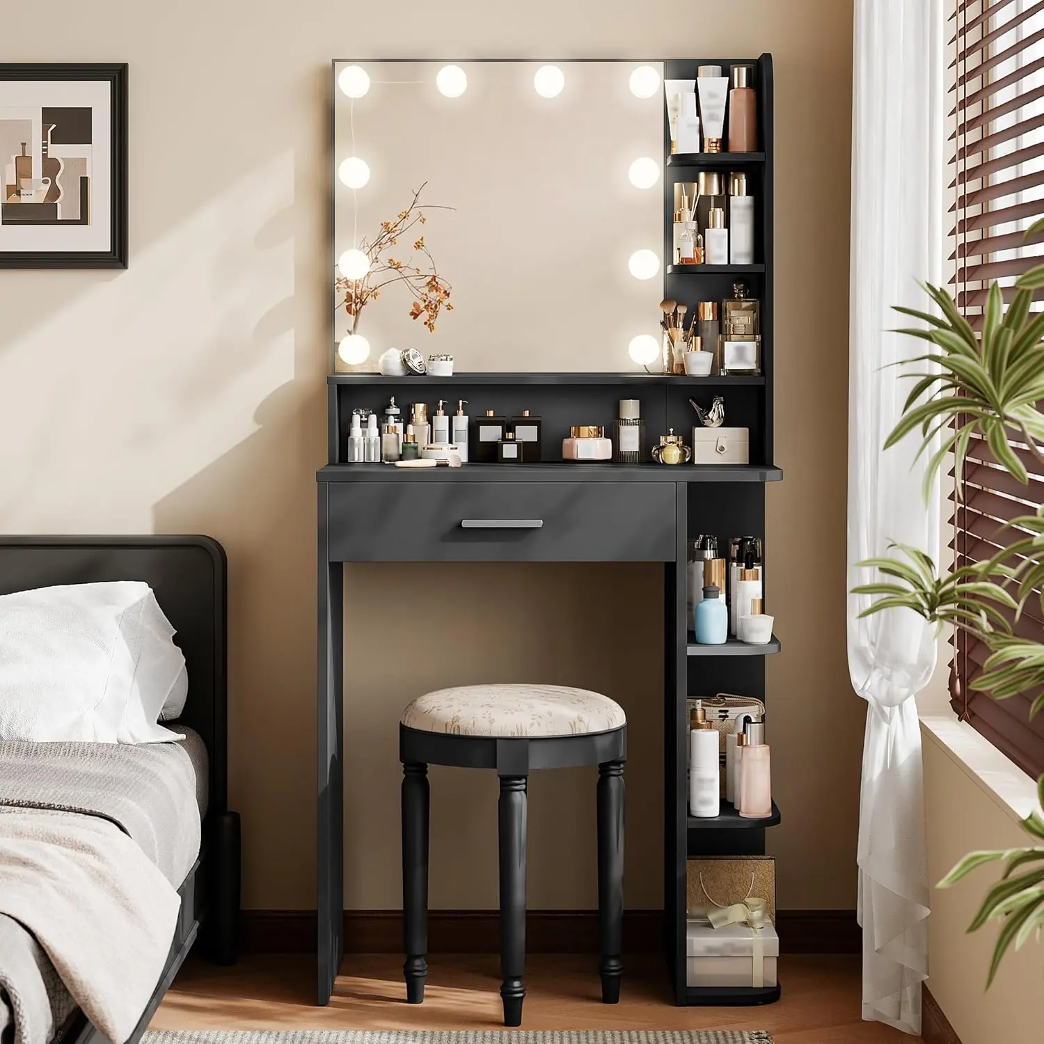 54.3‘’H Makeup Vanity Table, LED Makeup Mirror with 3 Adjustable Light Colors, 6-Tier Storage with Drawer, Space-Saver, Ideal Home Decor, for Bedrooms, Wardrobe, Apartments, Excellent Gift Choice deskmakeover