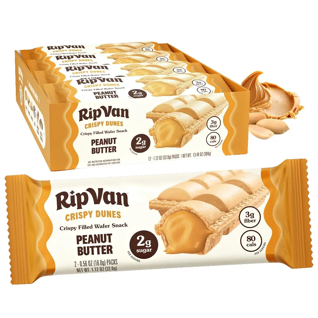 Rip Van Crispy Dunes Vegan Chocolate Hazelnut Wafer Sticks – Low-Calorie Keto Snack with Hazelnut Cream Filling, 90 Calories, Non-GMO, Prebiotic Fiber - 12 Pack