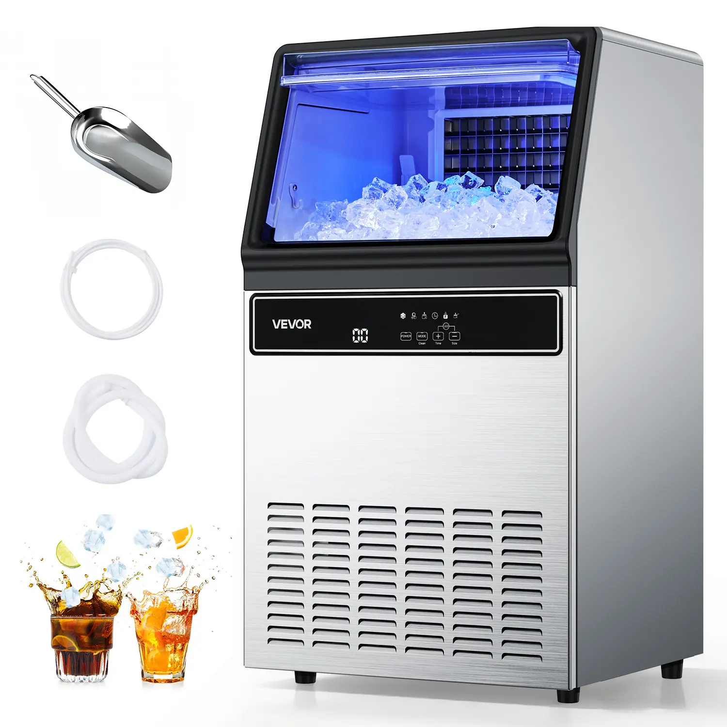 【Summerfinds】VEVOR Commercial Ice Maker Machine - 130Lbs/24H Efficient Ice Making33Lbs Storage45 Cubes per CycleStainless Steel Freestanding & Under CounterLED DisplaySelf-CleaningEasy Operation for Home Bar Restaurant, Easy Operation,home essentials