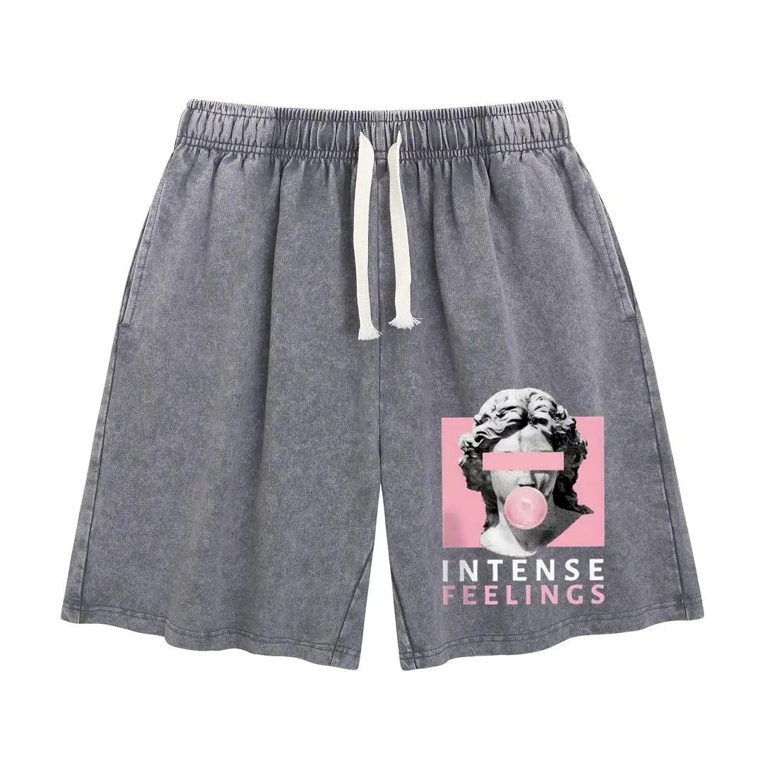 Women's Acid Washed Cool Elastic Breezy Branded Graphic Shorts - Wayii US Unisex Black Vintage Mineral Wash Drawstring Sweat Shorts with Pockets, Vaporwave Streetwear Bottoms for Edgy Outfits, Cool Shorts