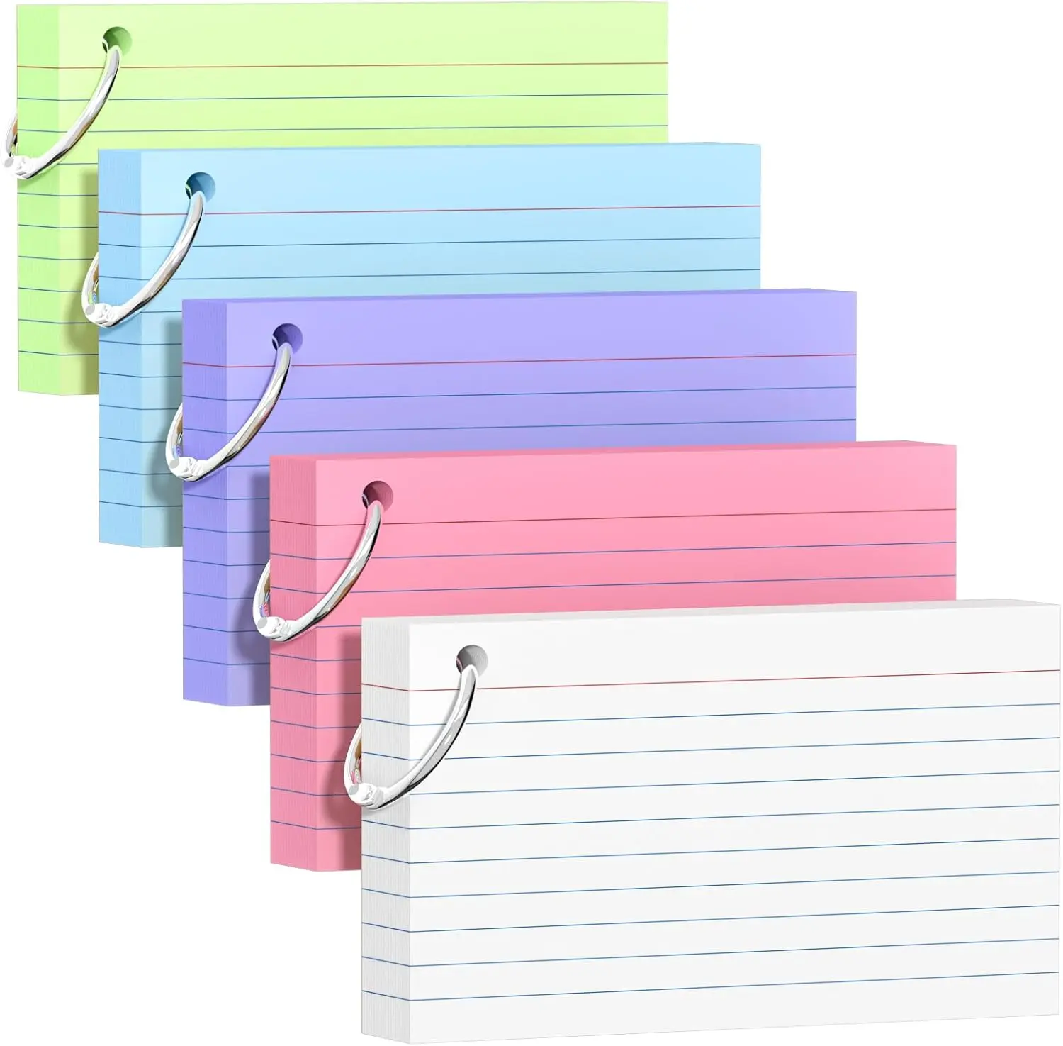 250 Count Colored Index Cards 3X5 Inch with Key Ring, 180Gsm Heavy Weight Flash Cards 5 Color (50 Sheets Each) Portable Note Taking for Students, Teachers, Study Note Cards for Office School Supplies AILZFEI