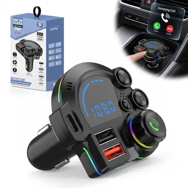 PD 20W Type-C Bluetooth 5.3 FM Transmitter Car Charger with Ambient Lighting , Wireless MP3 Player with Dual USB Ports, RGB Light Radio Adapter, Clear Hands-Free Calling, Essential Car Accessory for Road Trips, Compatible with 12V-24V Vehicles