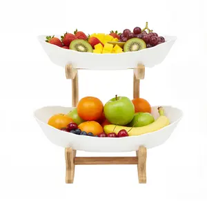 2-Tier Bamboo-PP Fruit Organizer with Natural Bamboo Frame, Food-Grade PP Bowls, Ventilated Multilayer Shelf, Removable Split Design for Easy Cleaning, Kitchen Organization Solution for Counter & Dining Table White