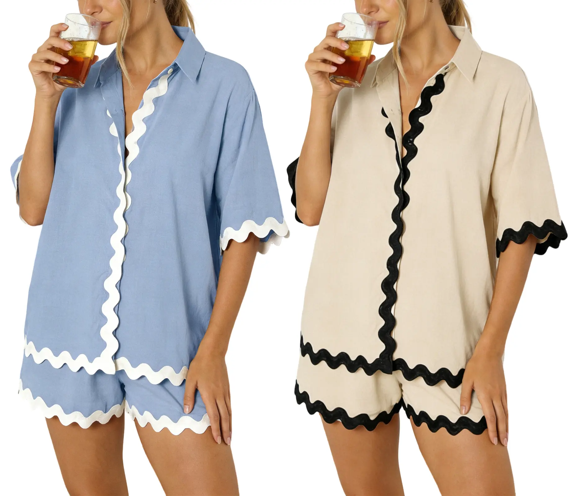 MNLYBABY Women's 2-Piece Linen-Cotton Casual Set - Stylish Wavy Lace Sleepwear, Summer Vacation Pajamas