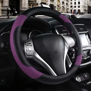 Leather  Steering Wheel Cover, Non-Slip  Wheel Cover Protector Breathable Microfiber Leather Universal Fit for   (Purple-2)