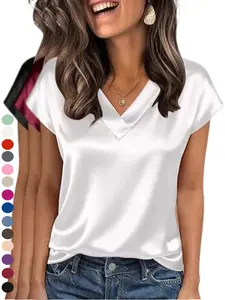 2026 Women Silk Satin Smooth Tops Cap Short Sleeve Blouse V Neck Shirts Business Casual Elegance Outfits hot