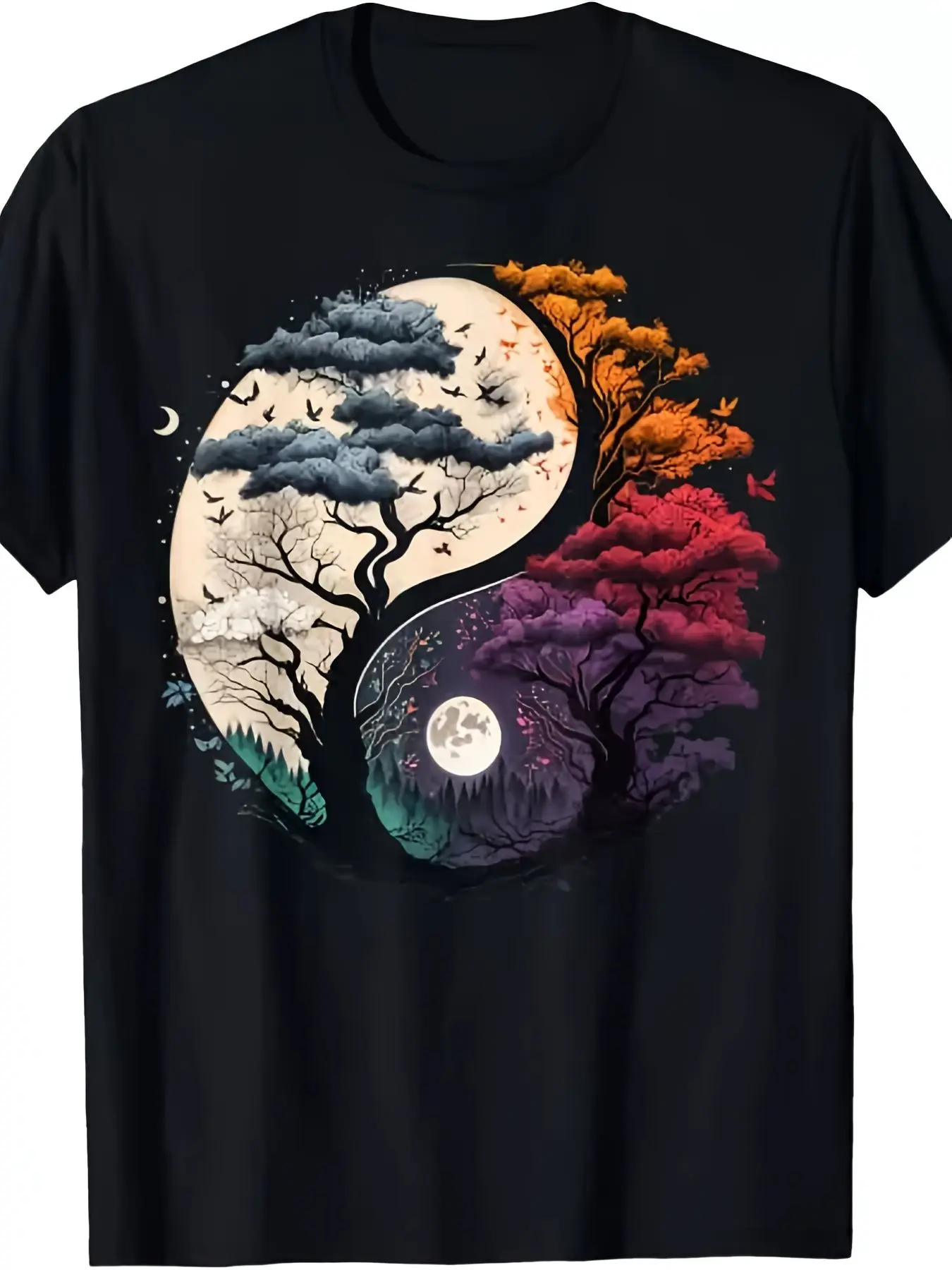 Plus-size Yin-Yang nature-inspired pattern loose T-shirt - striking black T-shirt decorated with a double tree design, incorporating elements of the moon and flying birds, ideal for nature lovers and outdoor enthusiasts, a great choice for casual summer w