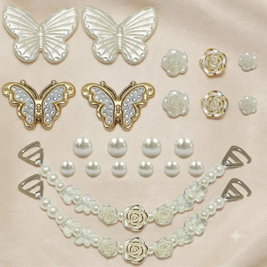 Luxury Crocs Shoe Decoration Charms Set - Elegant Pearl Butterfly, Floral Detail Charms for Coquette, Fairy Aesthetics