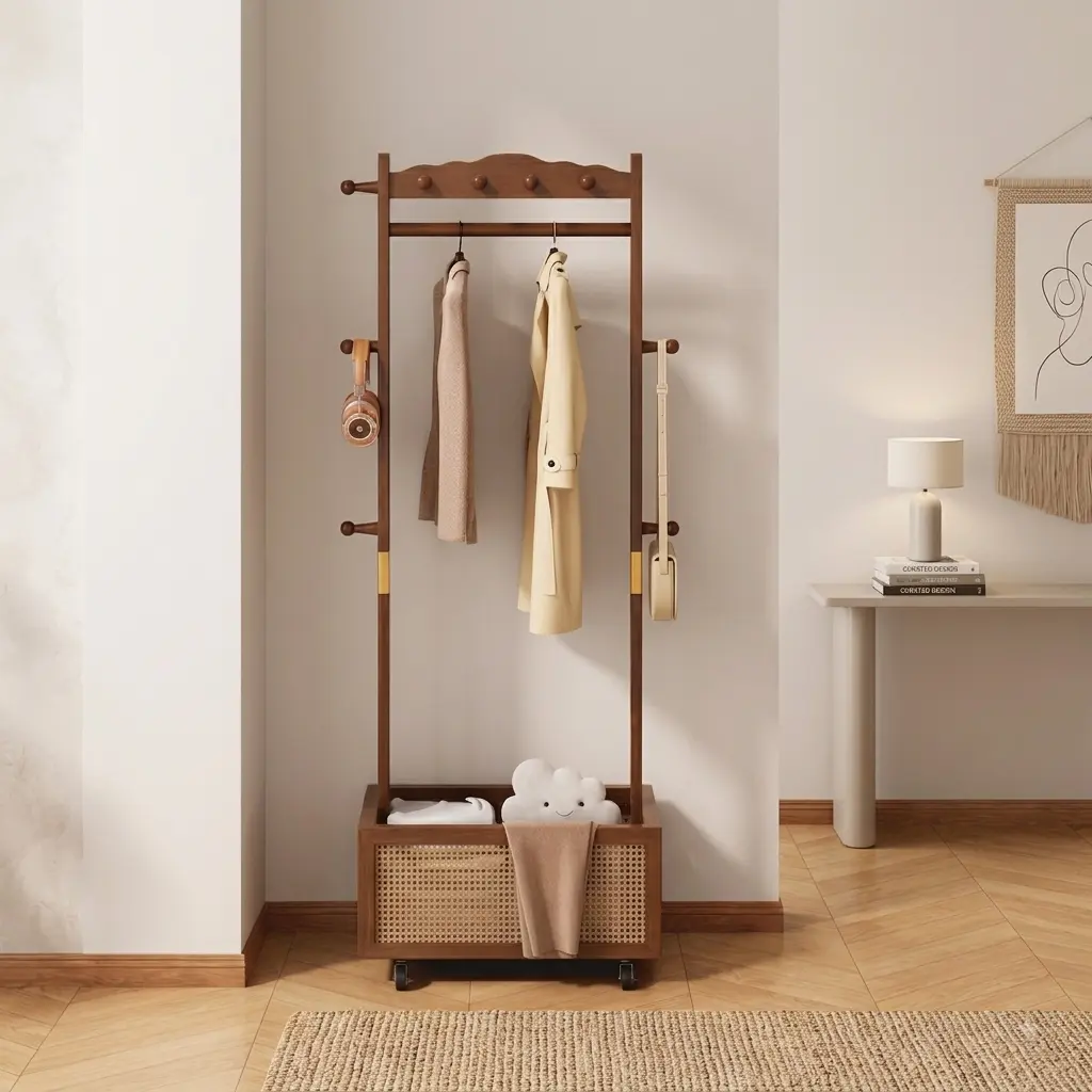 Solid Wood Rolling Garment Rack with Storage Shelf Mobile Clothing Rack Clothes Organizer for Bedroom Entryway Closet and Small Spaces
