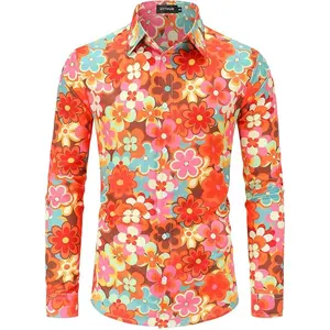 70s Outfits for Men Long Sleeve Casual Button Down 70s Disco Retro Paisley Shirt 70s Floral Vintage Hip Hop Shirts