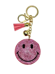 Smiley Face Pink Bling Keychain, Rhinestone design, Tassel Decor Sport Keychain for Men, Women, Kids Bling Backpack Keyrings, Purse Charms