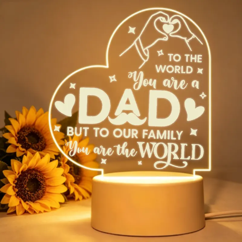 Engraved Heart Acrylic Night Light for Dad from Daughter Son, 2D Flat LED Lamp with Acrylic Plate and Base, Sentimental Father's Day Gifts, DC Power Supply