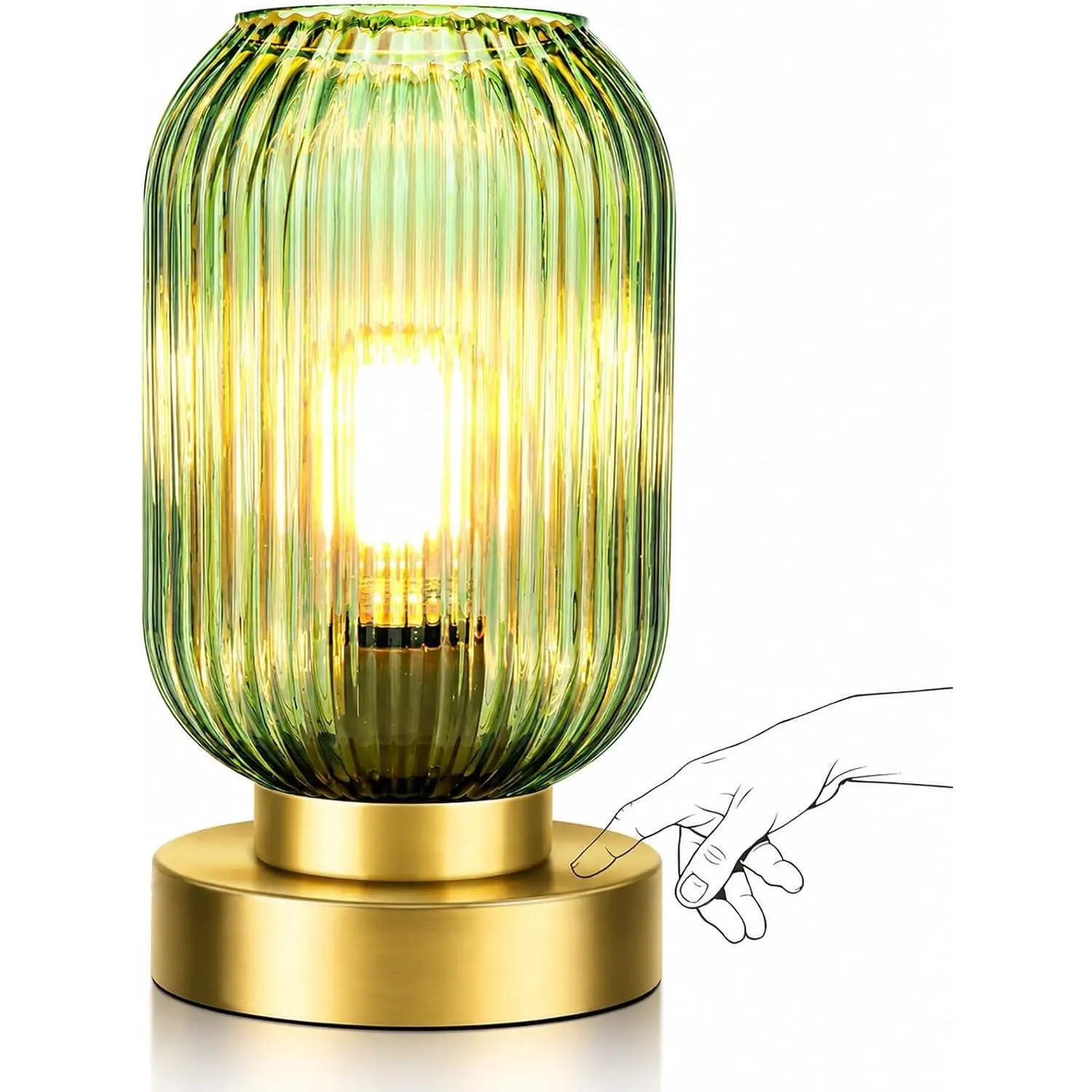 Mid Century Modern Table Lamp, Touch Control & 3 Way Dimmable, Green Ribbed Glass Shade, Small Gold, Vintage Bedside Lamp for Bedroom, Living Room,Office (Bulb Included)