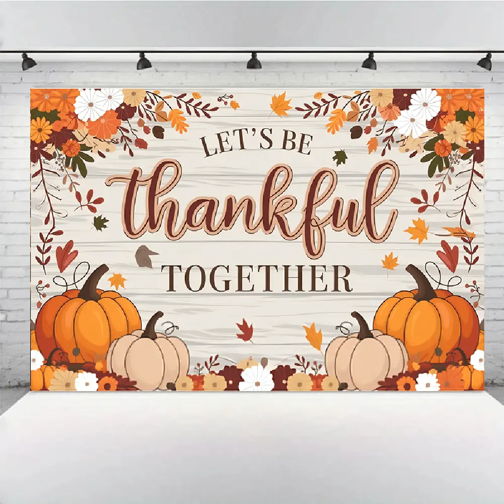 1pc 2D Flat Thanksgiving Gratitude Banner - "Let's Be Thankful Together" Polyester Party Decorations Banners, Birthday Wall Hanging Backdrop with Pumpkins, Flowers, Maple Leaves for Home, Party Use