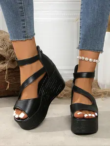 Women's Fashionable Punk Style Solid Color Platform Sandals, Casual Comfortable Wedge Sandals for Summer, Lightweight Breathable Shoes for Daily Wear, Open Toe Sandals, Trending Elevated Sandals