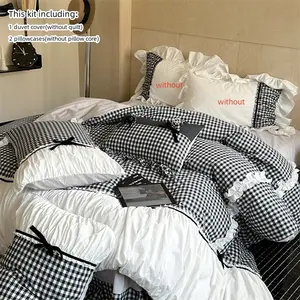 French Style Blue Plaid Decorative Bedding Set, Checkered Bedding Set, Ruffled Duvet Cover Set with Zipper Closure, Includes 1 Duvet Cover and 2 Pillowcases, Easy Care
