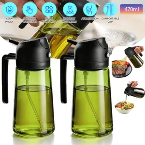 2PCS 2-in-1 Olive Oil Sprayer & Dispenser, 16oz Refillable Glass Oil Spray Bottle, Leakproof Cooking Oil Mister for Air Fryer, Salad, BBQ, Kitchen