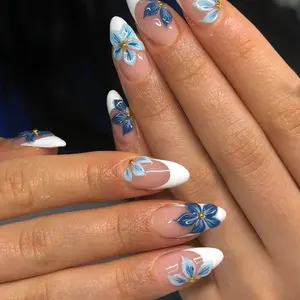 24pcs Long Almond Fake Nails, Reusable Nude Base with French Tip, Blue Flower & Gold Bead Decor, Includes Jelly Glue & Nail File, False Nail Kits