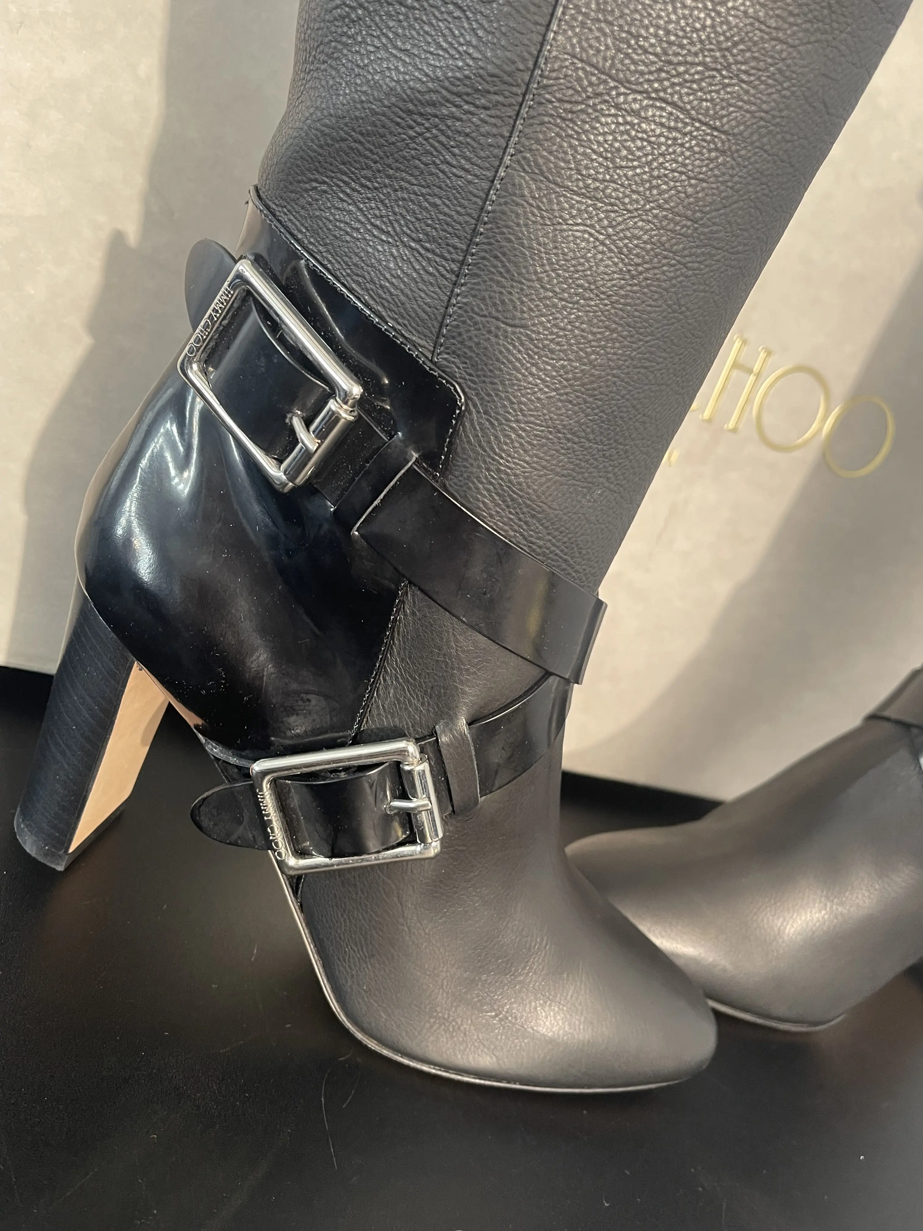 Pre-Owned Jimmy Choo Black Leather Knee Length Pointed Toe Boots size 36