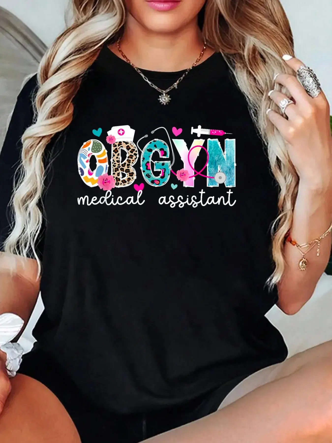 OBGYN Medical Assistant Leopard Graphic T-Shirt for Women, Soft Casual Loose Fit Cotton Top with Short Sleeves for Work & Daily Wear, Shortsleeve, Round Neck, Lady, Style, Tshirt, Jackets