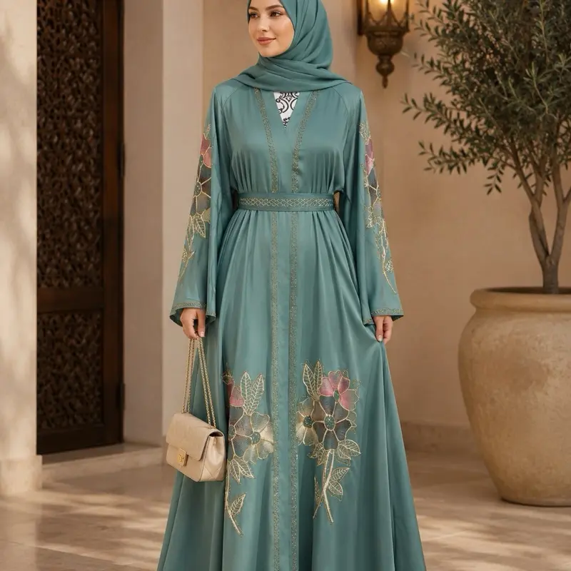 Women's #39 Modest Fashion Muslim Abaya Dress, Luxury 1-Piece Islamic Clothing with Matching Printed Hijab, Abaya Fashion Essential, Modest Fashionable, Printed Hijab Abayas
