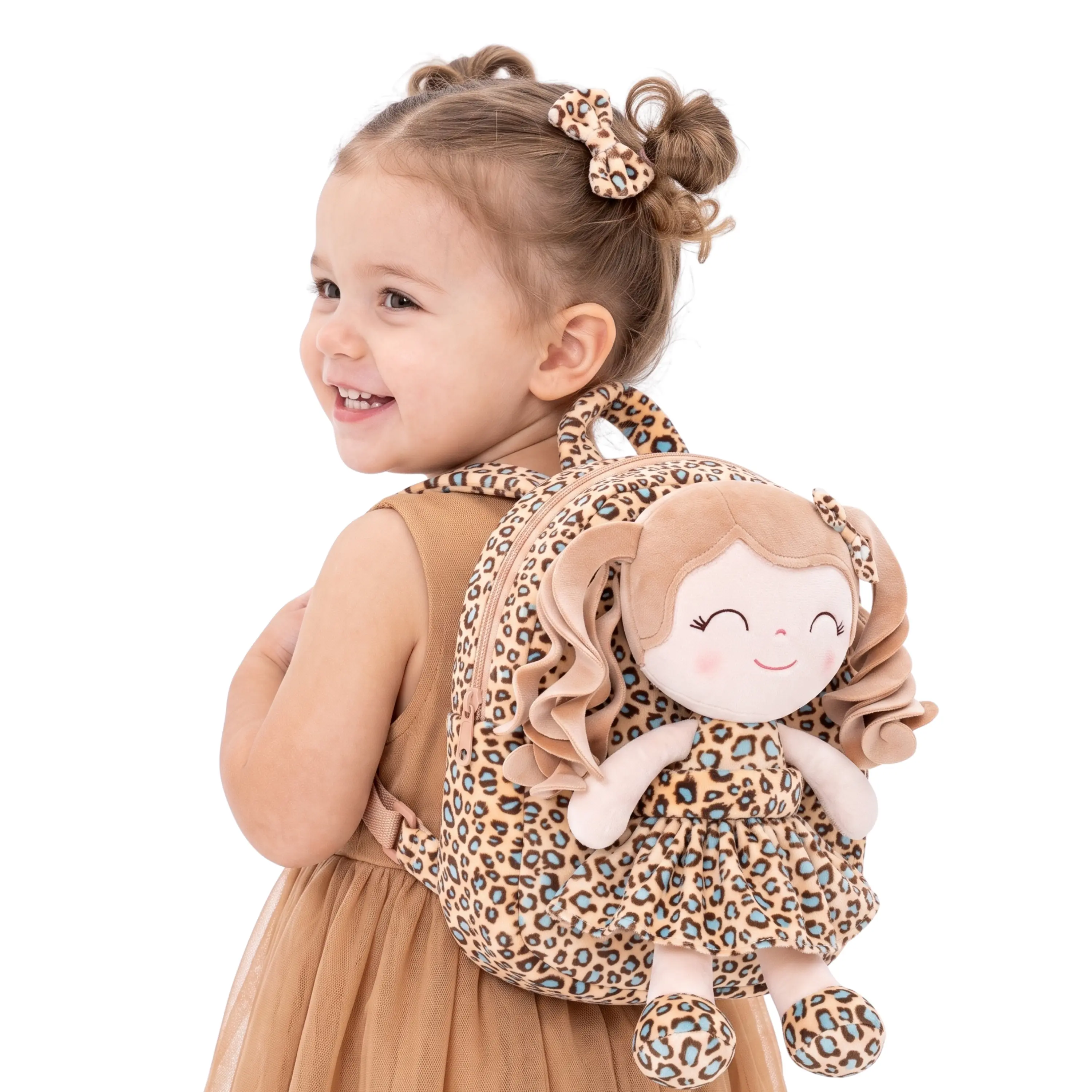 Girls' Trendy Leopard Print Character-Themed Backpack - Cute Backpacks for Toddlers, Soft Plush Toddler Gear Kindergarten Daycare Bag with Detachable Doll, Fits Snacks, Books, Crayons, Bottle, Cold Wash Compatible, Backpacks For School, Lightweight For Ea