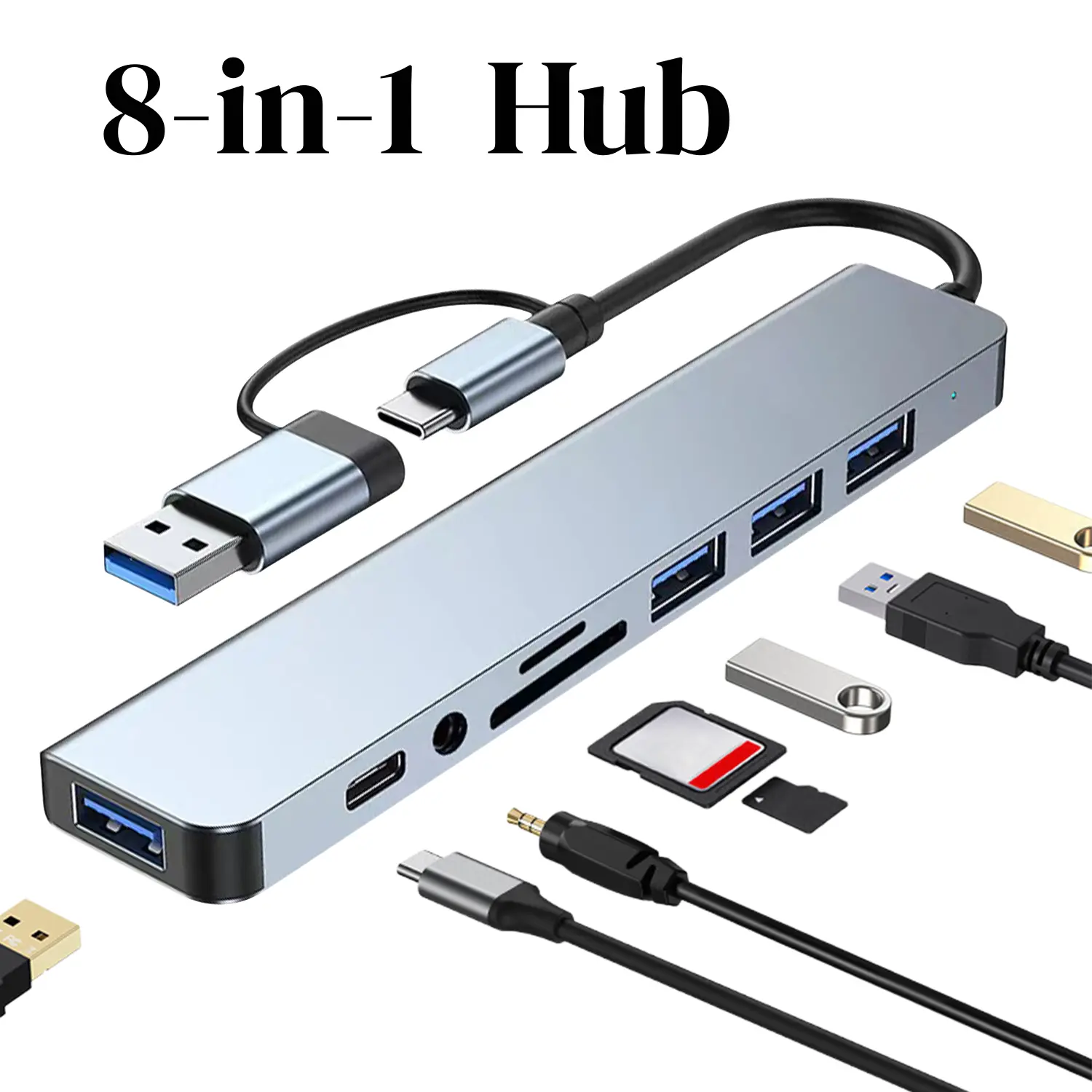 Dual USB Type-C 8-in-1 Hub Expander, 4 USB 3.0 Ports, TF/SD Card Reader, 3.5mm Audio Jack, ABS Material, High Speed Data Transfer for Laptop, Tablet, iPhone, Android Phones