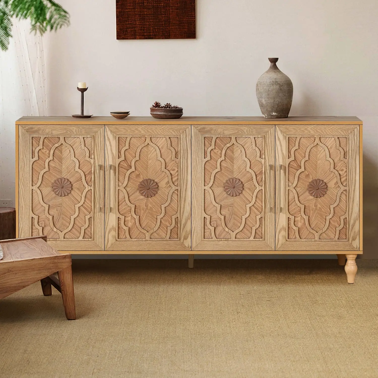 63'' Vintage Retro Sideboard Buffet Credenza with Curio Cabinet, Carved Floral Doors, Adjustable Shelves, Cable Holes & Storage for Living Room, Entryway - Natural Wood, Requires Assembly, Rectangular