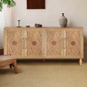 Sideboard Buffet 63'' Credenzas for Living Room, Entryway Table with Storage Cabinet Natural Wood Color, Carved Flowers Doors & Cable Holes