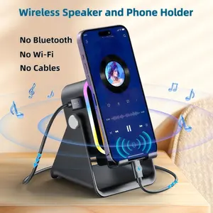 5-in-1 phone Holder Speaker Stand, Wireless Induction Bluetooth Speaker Stand , 5000 mAh Rechargeable Emergency Power Bank, 360° Adjustable Mobile Tablet Stand with Colorful Ambient Lighting (Black)