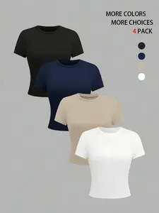 4 Pieces Set Women's Basic Round Neck Short T-Shirt , Slim-Fitting Casual Top, Cute Summer Wear, Daily & Vacation Use
