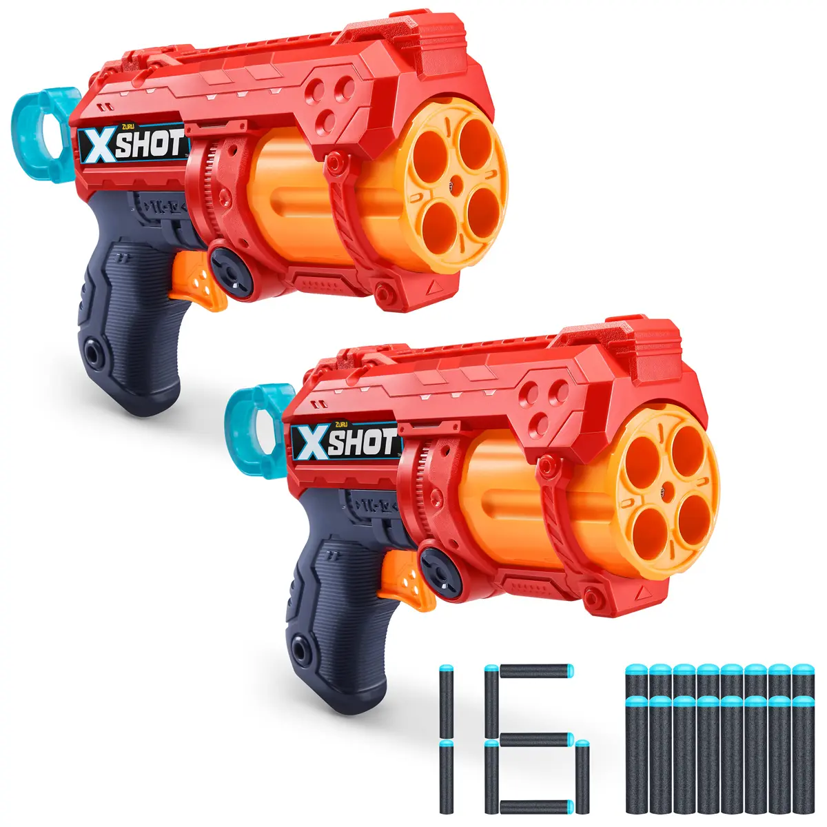 XSHOT Unisex Blasters & Toy Guns 2-Pack - Vibrant Red & Orange Design, Includes 16 Blue & Black Ammo, 9"x5"x3", 5 oz, for 6-8 Years Kids, Muscle-Strengthening Sports & Outdoor Play Equipment