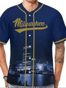 Men's Milwaukee Baseball Jersey, with Gold Accents, Handwritten 'milwaukee' & City Skyline Night Scene, Fitted Crop Style