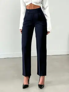 Women's Elegant Solid Color High Waist Straight Leg Office Pants, Stylish Business Casual Wear, Comfortable and Versatile