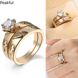 Stackable Gold Cross Ring Set with CZ Center Stone, Women’s Religious Promise & Engagement Band, 2-in-1 Layered Statement Jewelry, durable plating & timeless design, ideal for bridal wear, special occasions, daily faith-inspired fashion and gifting