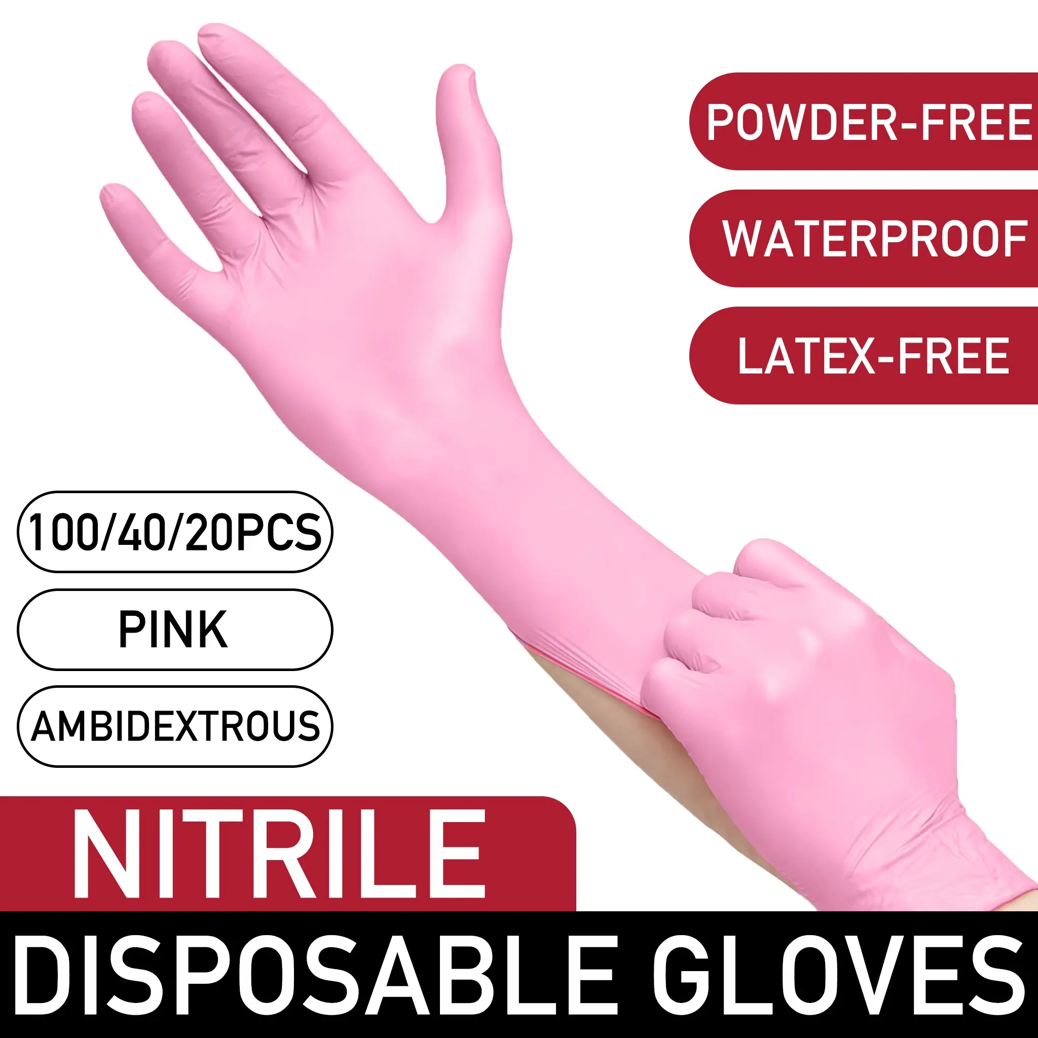 100/40/20 pcs/bag, pink disposable gloves, Vinyl Disposable Gloves, Working Gloves, Household Cleaning Gloves, waterproof, latex-free, powder-free, suitable for home and kitchen cleaning, nail care, painting, Christmas gift, non-medical grade gloves