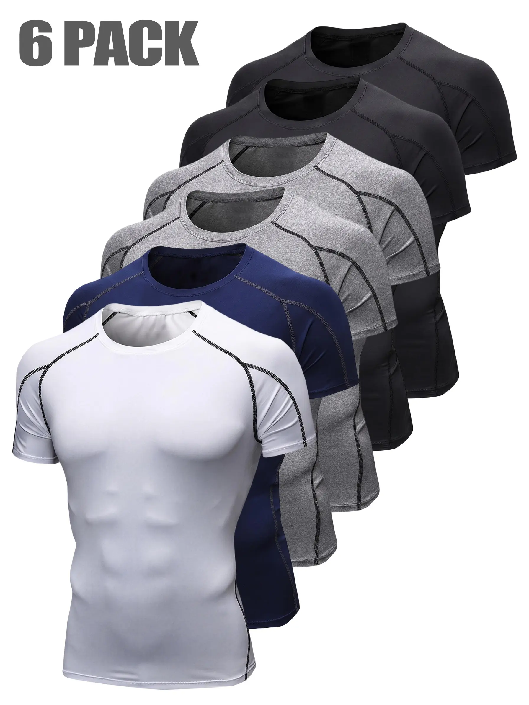 Men's 6-Pack Crewneck Workout Tops - Polyester Blend Short Sleeve Dry Fit Wicking Athletic Shirts, Skin-Tight Moisture Wicking Sports Tops, Quick-Dry Breathable Compression Baselayer for Gym, Run