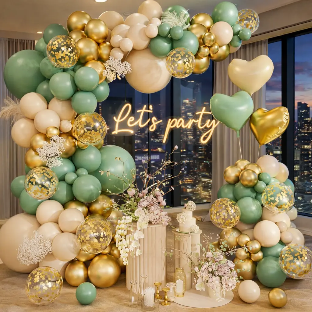 160PCS Sage Green Gold Balloon Garland Arch Set - Metallic Gold, Olive Green, White Sand & Heart Foil Pieces for Romantic Photo Backdrop, Gender Reveal & Party Decor Supplies, Balloon Decor