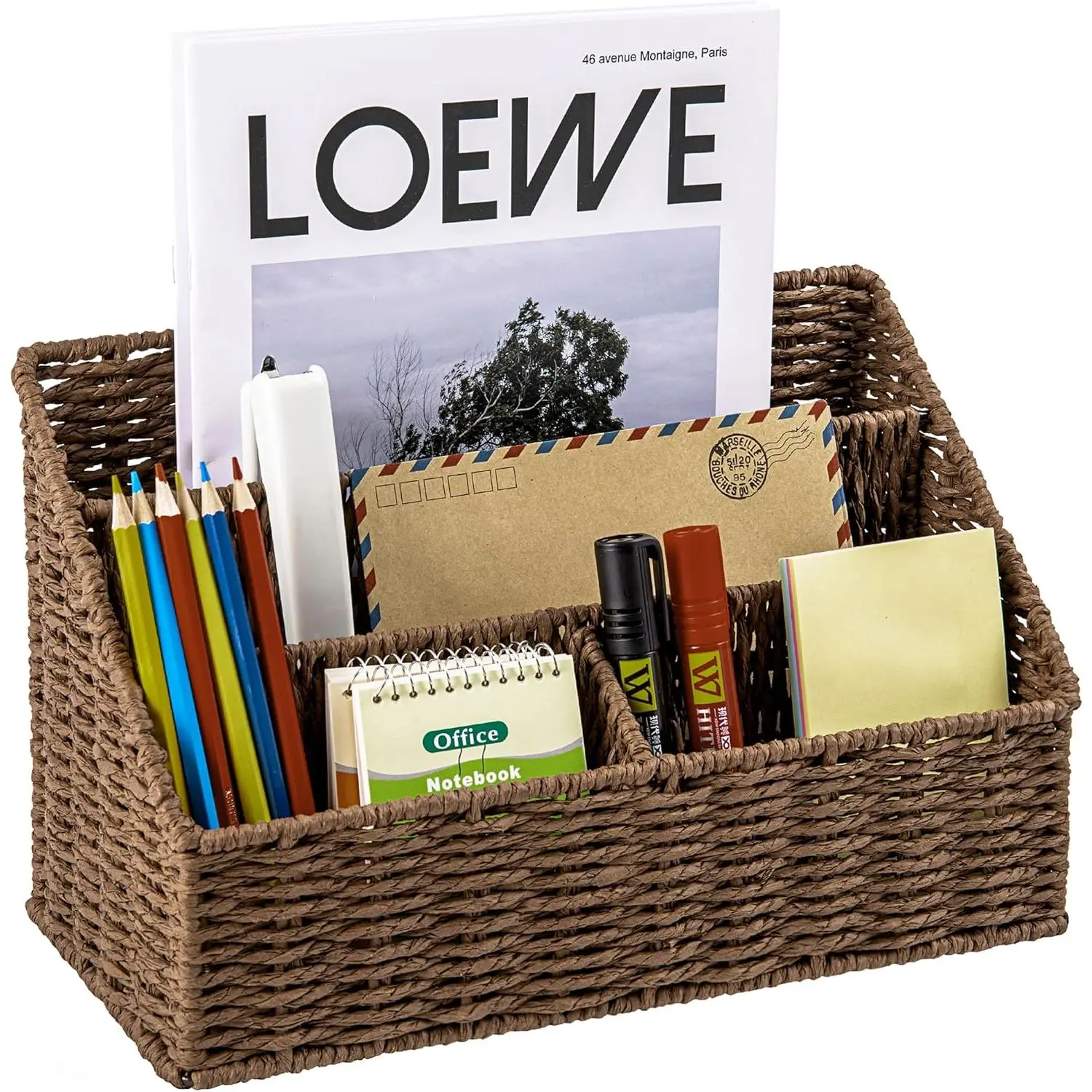 Woven Mail Organizer, Mail Organizer Countertop,  Tabletop Mail Holder, Rattan Desk Organizer, Boho Office Desk Accessories, Mail Basket for Bill Mail Papers Letters(Brown)