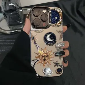 Black Laser Glossy Sun Moon Planet Pattern Phone Case, Compatible with iPhone 17 17 Air 16 15 14 13 12 11 XS XR/X 7/8 Series, Plus Pro Max SE Models-Perfect Birthday Valentine's Day Gift Phone Cover,High-Quality Printing,Fashionable Phone Protective Cover