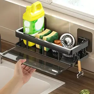 Modern Kitchen Drainage Organizer Rack - Waterproof Hollow Aluminium Shelf, No-Drill Wall-Mount, Holds Cloths, Sponges, Spice Bottles, for Sink, Countertop, Bath Storage Gadget