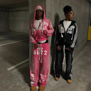 Harajuku Retro Streetwear Two-Piece Set: Hip Hop Rock Patch Print Loose Hoodie & Sweatpants for Men & WomenGift