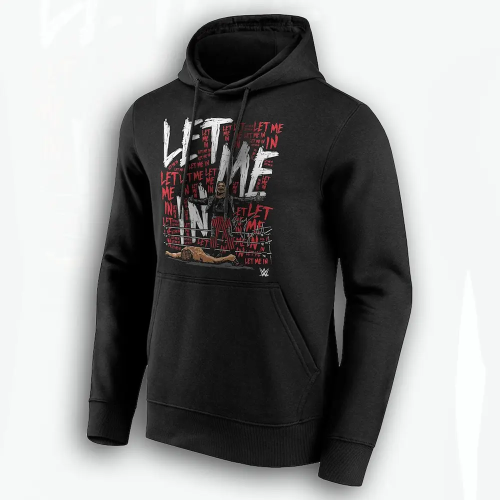 Men's WWE Bray Wyatt Let Me In Pullover Graphic Hoodie - Black Menswear, Casual Cozy Long Sleeve Wrestling Sweatshirt, The Fiend Firefly Fun House Graphic, Official Sports Fan Apparel