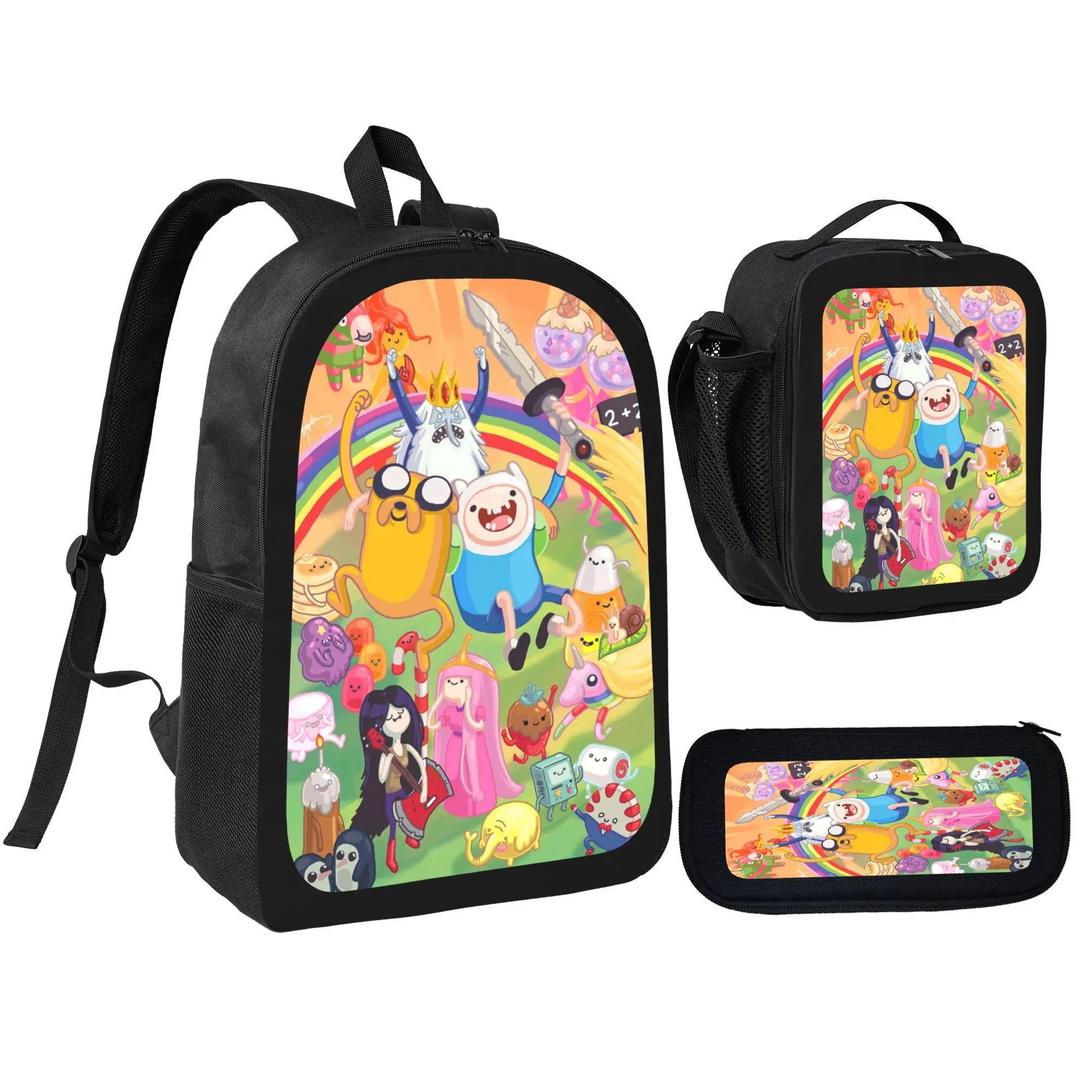 Kids' 3Pcs Polyester Backpack Set - Adventure Time Cartoon Print, Adjustable Back-to-School Bag with Multi-Pockets, Lunch Bag & Pencil Pouch for Boys