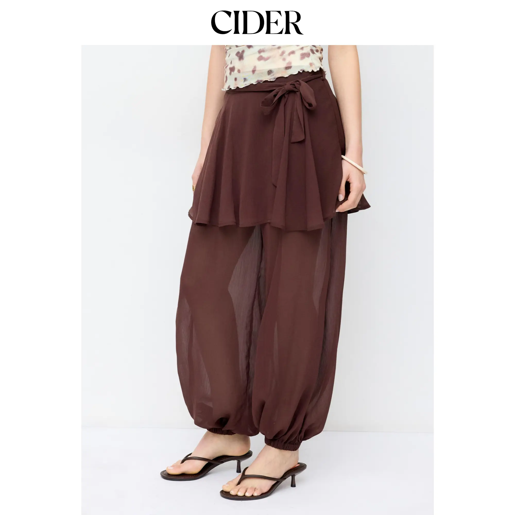Cider Women's Solid Chiffon Bloomer Bottoms - Low Waist Pants with Elastic Knotted Waist, Ruffled Hem, Slant Pockets, Casual Street Wear, Bottom