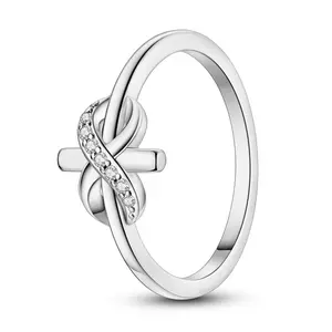 MULA Silver-Plated Infinity Cross Ring - Hypoallergenic Geometric Band with Cubic Zirconia, Christian Promise Jewelry, Women's Casual Everyday Wear Engagement Ring Stack, Cross Rings