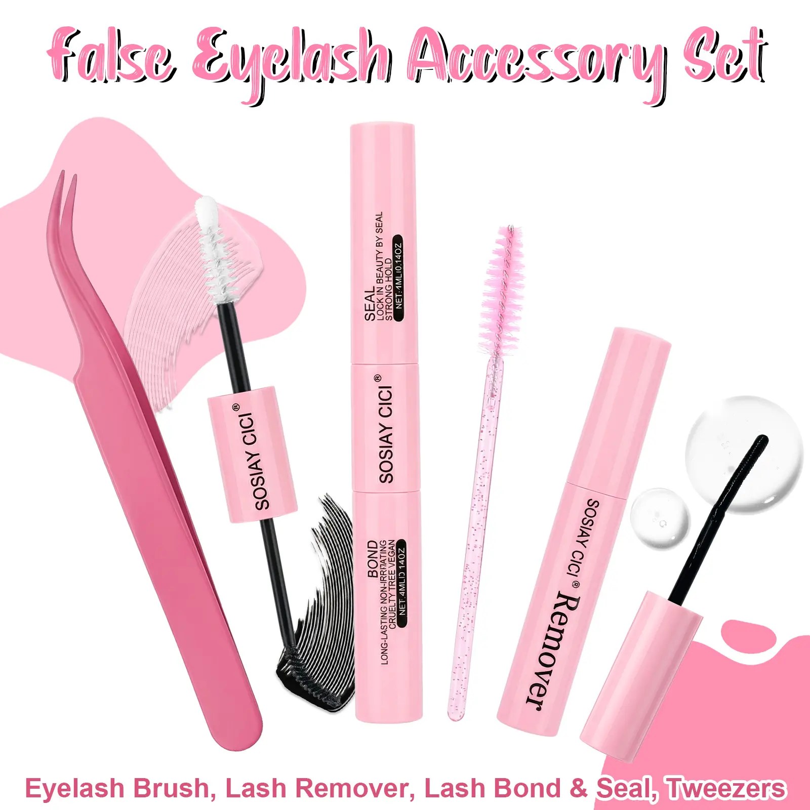 SOSIAYCICI 4-in-1 Eyelash Clusters Kit - Waterproof Long-Lasting Lash Bond Glue, Bond&Seal, Remover, Tweezers, Brush - Beginner-Friendly Beauty Makeup Product for Women's Gifts, Eyelashes Clusters Kit